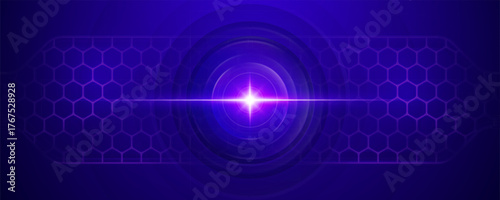 Purple glowing technology background with hexagons and central lens flare
