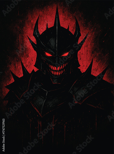 Grim Dark Knight in Spiked Armor Vector. Terrifying medieval demon warrior with glowing red eyes and menacing sharp teeth on a bloody, distressed grunge background.