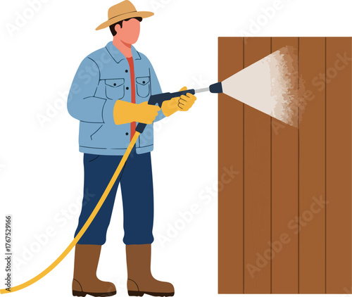 Farmer watering wooden wall in garden. Agriculture, farming, irrigation, outdoor activities, gardening, crops, rural lifestyle, sustainable living concepts.