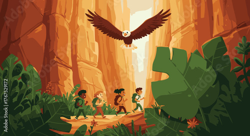 Adventurous Children Hiking Through Canyon with Eagle Overhead