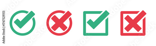 Checkmark and cross flat green and red circle and square shaped icons