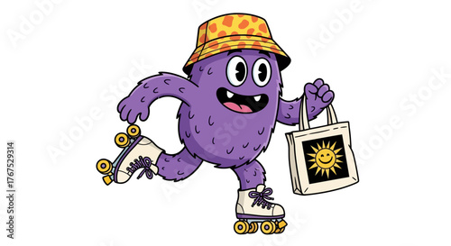Cheerful purple monster on roller skates with a sunny tote bag against a white backdrop