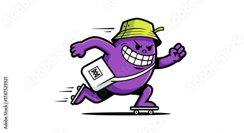 Cartoonish purple character skateboarding with determination and a messenger bag expression the