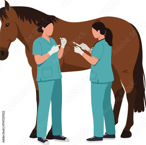 Two veterinarians injecting a brown horse, suitable for veterinary clinic websites, educational materials, animal health blogs, or equine medicine publications.