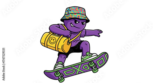 Purple skater dude with a vibrant bucket hat and stylish bag cruising on a skateboard