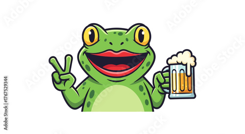 Cheerful amphibian character with peace sign and beer, festive celebration and joy