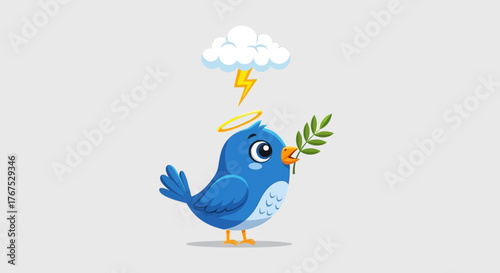 Cartoon bluebird with halo holding a leaf, under a cloud with lightning symbolizing optimism and