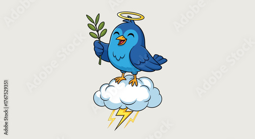 Whimsical bluebird with halo, holding olive branch, riding a stormy cloud illustration