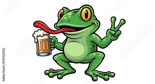 Cartoon frog enjoying beer and celebrating with a peace sign for a joyful occasion