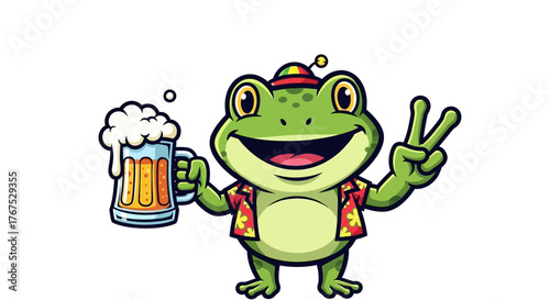 Cartoon amphibian character enjoys refreshment and spreading positivity illustration