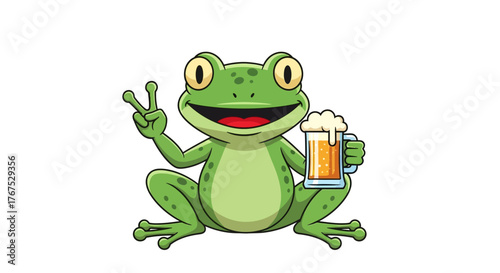 Whimsical cartoon illustration of a cheerful frog with a beer mug and peace sign for digital
