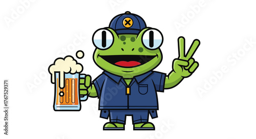 Cheerful frog cartoon character enjoying a beer and showing a peace sign on white background