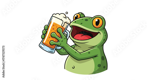 Cheerful cartoon frog enjoying a refreshing beer, perfect for celebrations and enjoyment,