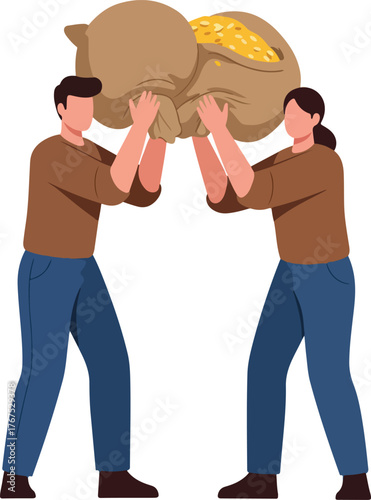 Two people lift a heavy sack of yellow grains together, teamwork, agriculture, farm work, cooperation, rural labor, harvest, agriculture concept.