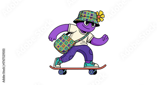 Whimsical skater dude with patterned hat and bag enjoys a chill skateboard ride