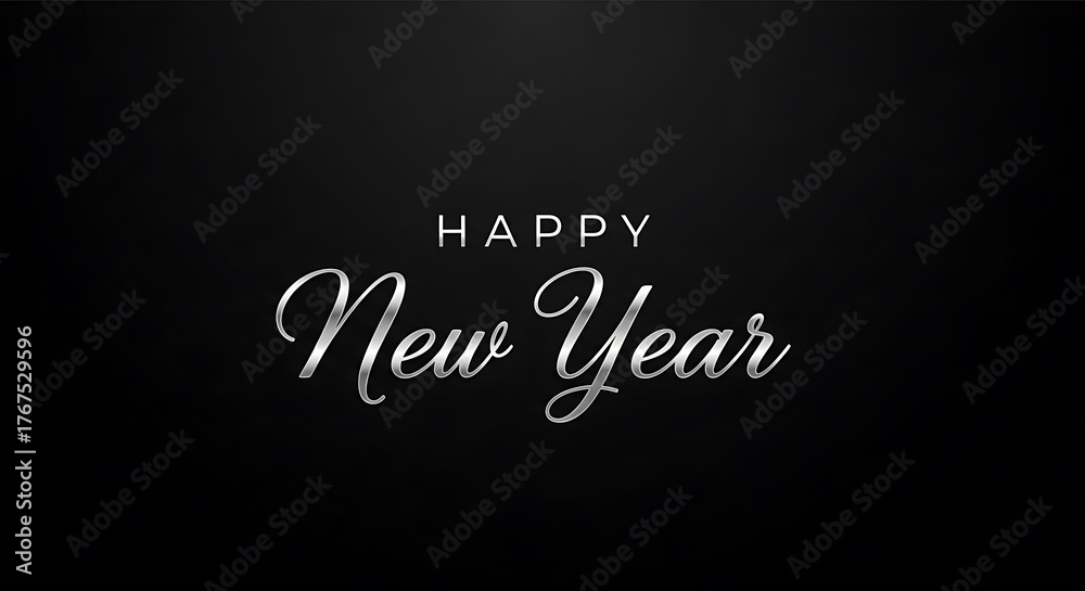 Obraz premium Photo of happy new year text with a sparkling silver font on a dark black background, perfect for festive greetings and celebrations