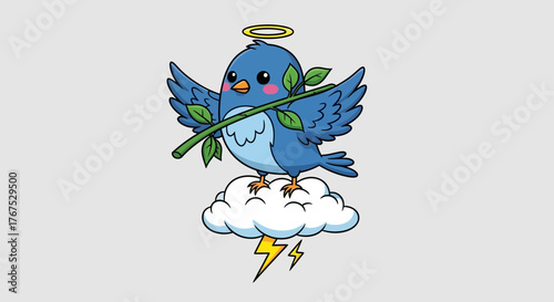 Cartoon bluebird with halo holding branch standing on cloud with lightning bolts background