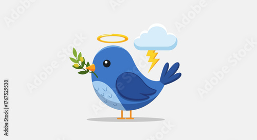 Blue bird cartoon character with a halo and a branch facing a stormy cloud artwork