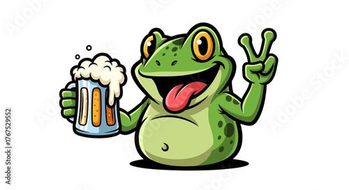 Cartoon frog holding a beer mug making a peace gesture, illustration graphic design