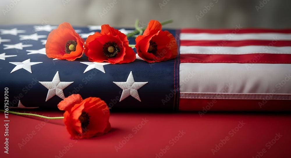 Obraz premium American flag with red poppies on red surface remembrance