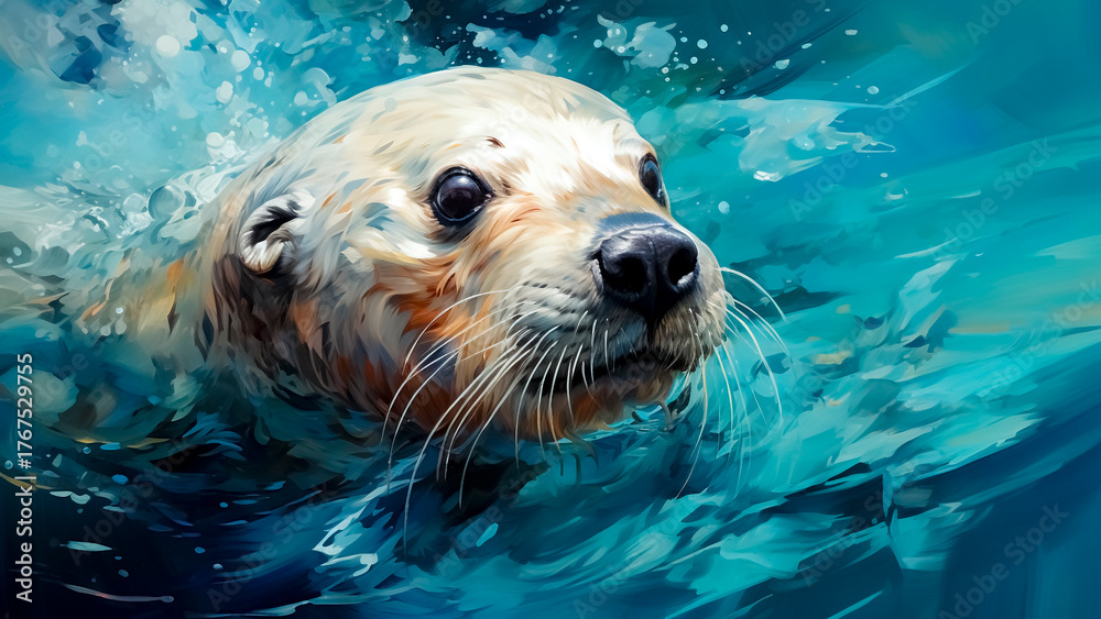 Fototapeta premium Painting of a Harp Seal Swimming. Arctic Wildlife Art, Beautiful Marine Mammal, Underwater Scene.