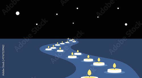 A luminous journey of floating candles on a dark river at night.