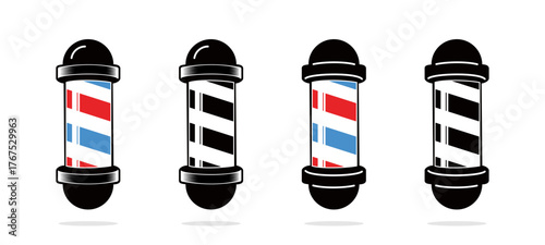 Traditional barber pole in colored and black flat vector icons