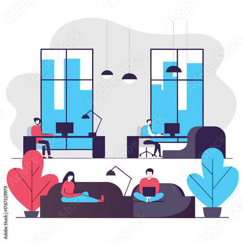 isometric vector of coworking startup office  tech