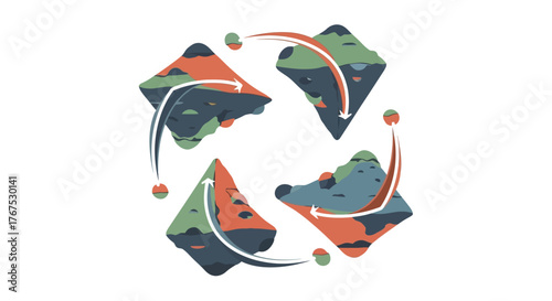 Abstract cyclical process with four rotating textured diamond shapes.