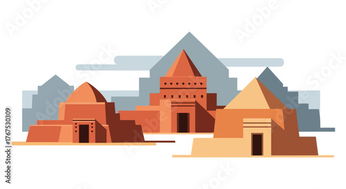 Ancient Egyptian temple complex with pyramids vector illustration.