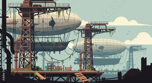 Airships docked at industrial platforms, a steampunk vision of transport.