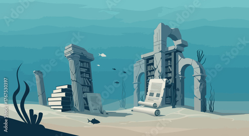 Ancient underwater library ruins with books and fish.