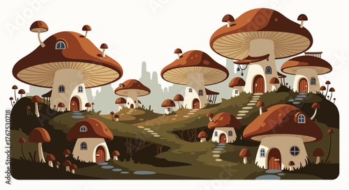 Charming Mushroom Village with Whimsical Toadstool Houses.