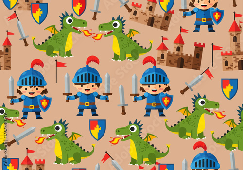A whimsical medieval pattern repeats motifs of brave little knights, green fire-breathing dragons, sturdy castles, and trusty swords and shields