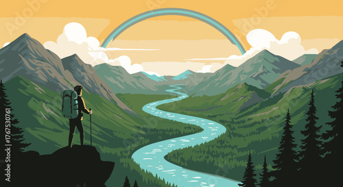 Adventurer Overlooking Scenic Valley with Rainbow Mountain Landscape, Hiking, and Nature's Beauty