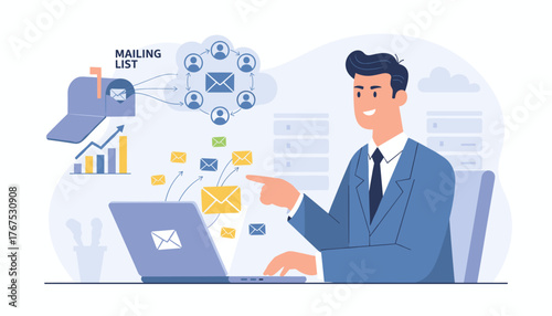 Smiling businessman in a blue suit pointing at a laptop screen, surrounded by flying emails, a mailbox, and a cloud diagram illustrating a mailing list and network connections, symbolizing digital
