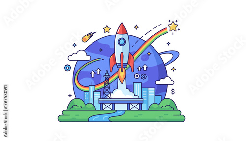 Vibrant flat illustration depicting a rocket launching into space from a futuristic city, symbolizing startup growth, innovation, and exploration, with a planet, rainbow, stars, and clouds in the