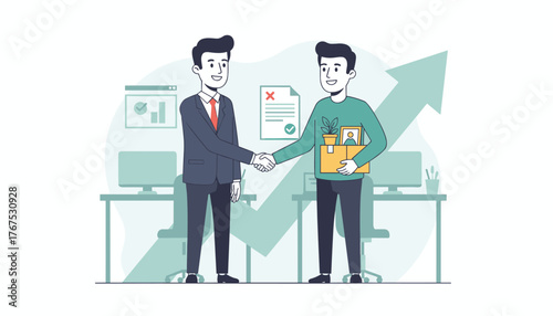 Business professionals shaking hands in an office setting, symbolizing employee offboarding or a new hire, with a large upward trending arrow in the background indicating company growth and success