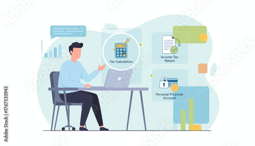 Modern flat illustration of a person calculating taxes online using a laptop, surrounded by icons representing tax calculation, income tax return, and personal financial account, symbolizing digital