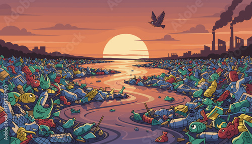 Vivid illustration of a river choked with plastic waste and garbage, flowing through a polluted landscape towards a setting sun, with factories emitting smoke in the background and a lone bird flying