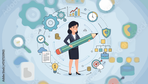 A determined businesswoman holds a giant pencil, symbolizing creativity and planning, surrounded by icons of business strategy, project management, financial growth, and security, illustrating a