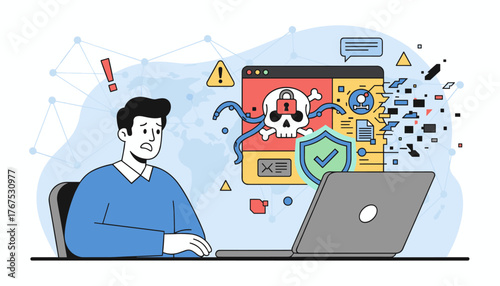 Worried businessman facing a ransomware and malware attack on his laptop, with a skull icon and a broken shield symbolizing data breach and cybersecurity threat, digital abstract background with