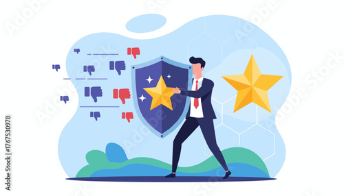 Business man protecting brand reputation and trust with a shield against negative feedback and thumbs down icons, symbolizing crisis management and positive customer experience, vector illustration