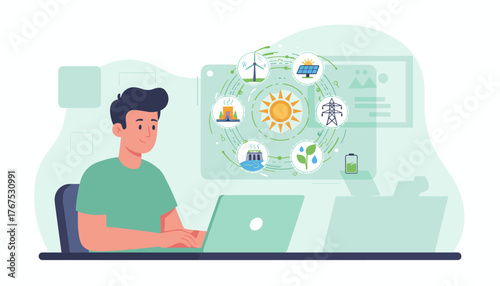 Young man studying renewable energy sources and alternative energy solutions on his laptop, surrounded by icons representing solar power, wind turbines, hydroelectric dams, geothermal energy, and