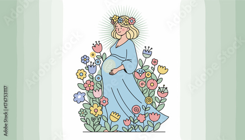 Charming vector illustration of a happy pregnant woman adorned with a floral crown, cradling her belly, surrounded by a vibrant array of colorful blooming flowers, symbolizing new life and maternal
