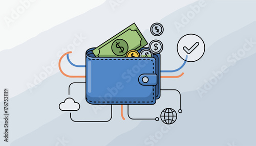 Vibrant vector illustration of a blue wallet overflowing with dollar bills and coins, symbolizing financial transactions, digital payments, and secure online commerce, connected to cloud and global