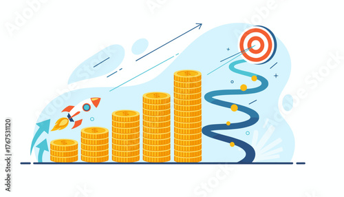 Conceptual illustration of financial growth and success, featuring a rocket launching upwards past stacks of gold coins, symbolizing progress and achievement, leading towards a target.