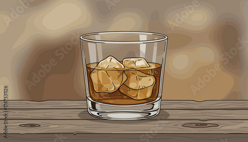 A refreshing glass of whiskey on the rocks, featuring large, translucent ice cubes chilling the amber-colored spirit, presented on a rustic wooden surface against a softly blurred background, perfect