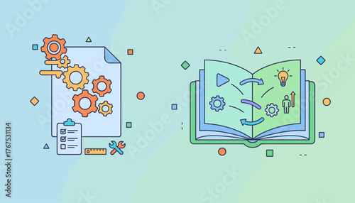 Vivid vector illustration depicting a document with gears and a checklist, symbolizing project planning, workflow, and operational efficiency, alongside an open book illustrating a business strategy