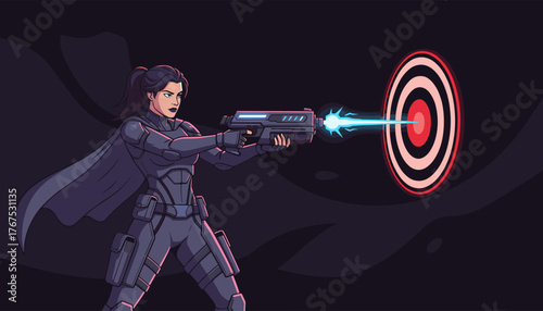 A determined woman in futuristic armor aims a glowing blue energy weapon at a circular target, with a laser beam striking the bullseye, set against a dark, moody background, symbolizing precision and